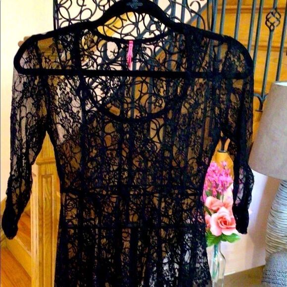 ELECTRIC PINK BLACKLACE BABYDOLL LINGERIE TOP - Picture 4 of 5